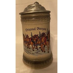 German Pewter Lidded Beer Stein Original Bierguz Clydesdale Horses